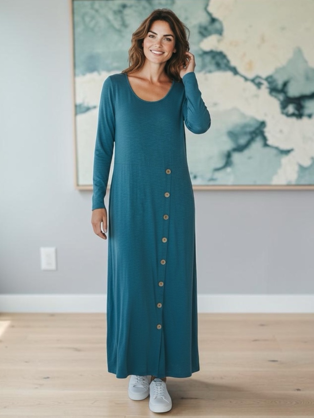 Soft Surroundings Women’s Size L Teal Maxi Dress Asymmetrical Button Detail